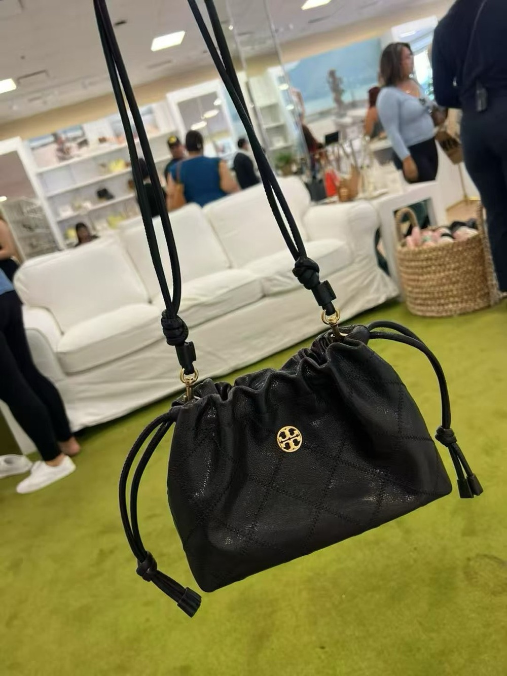 NWT Tory Burch Black Quilted Drawstring Mini Crossbody with Gold Logo